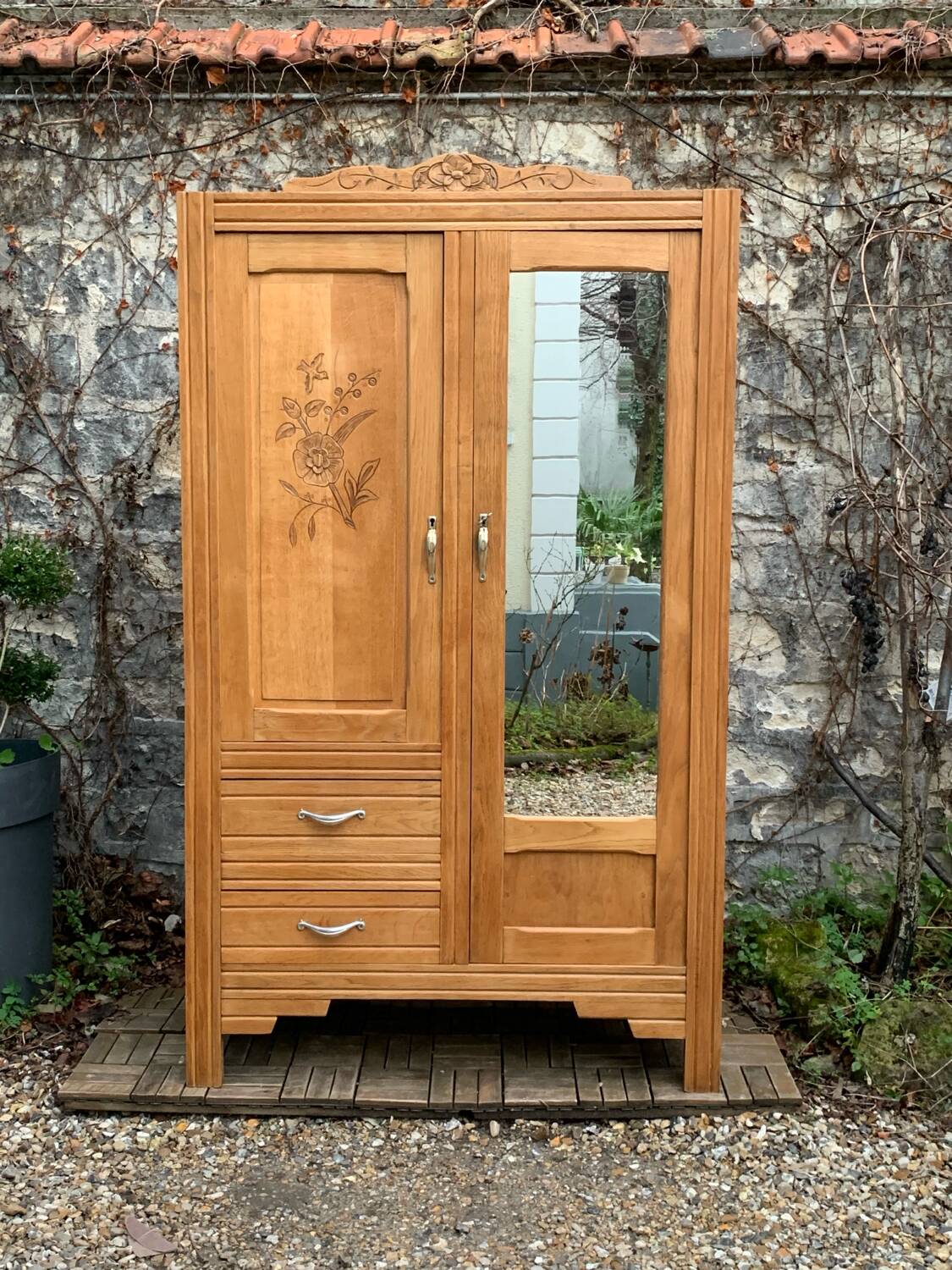Parisian art deco hotel wardrobe in solid raw oak 1930