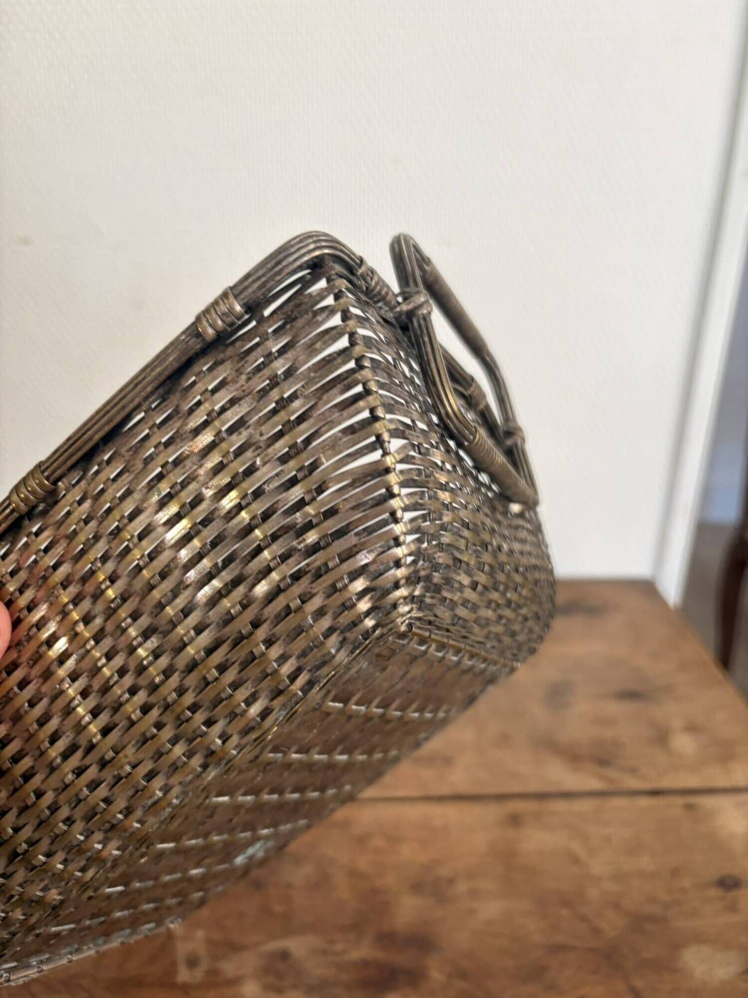 Vintage 1950s silver metal braided fruit basket