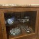 Half-moon buffet with display cabinet in Louis XVI style, marquetry with marble top.
