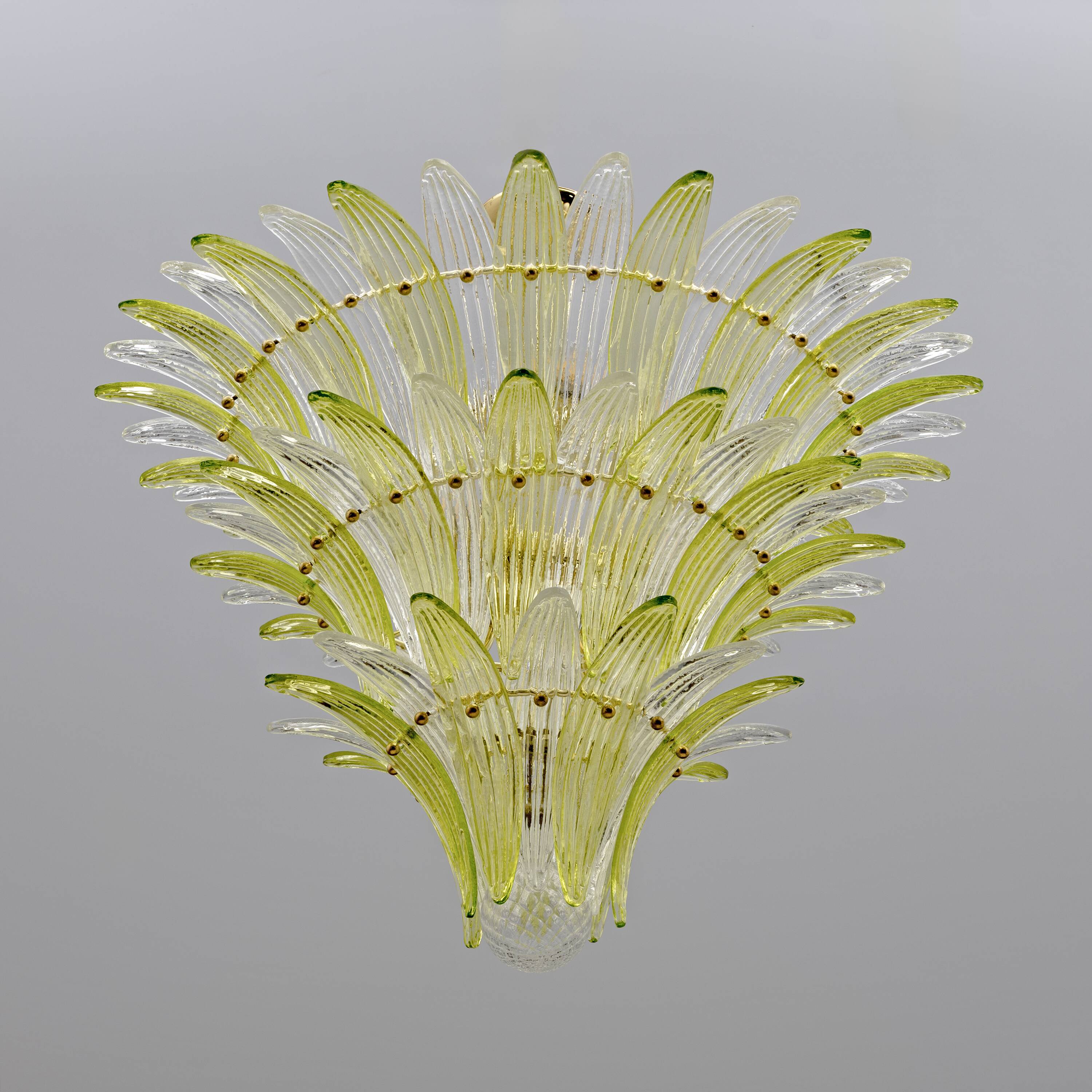 Mid-Century Murano Glass Palmette Chandelier in Green and Clear Glass, Ital