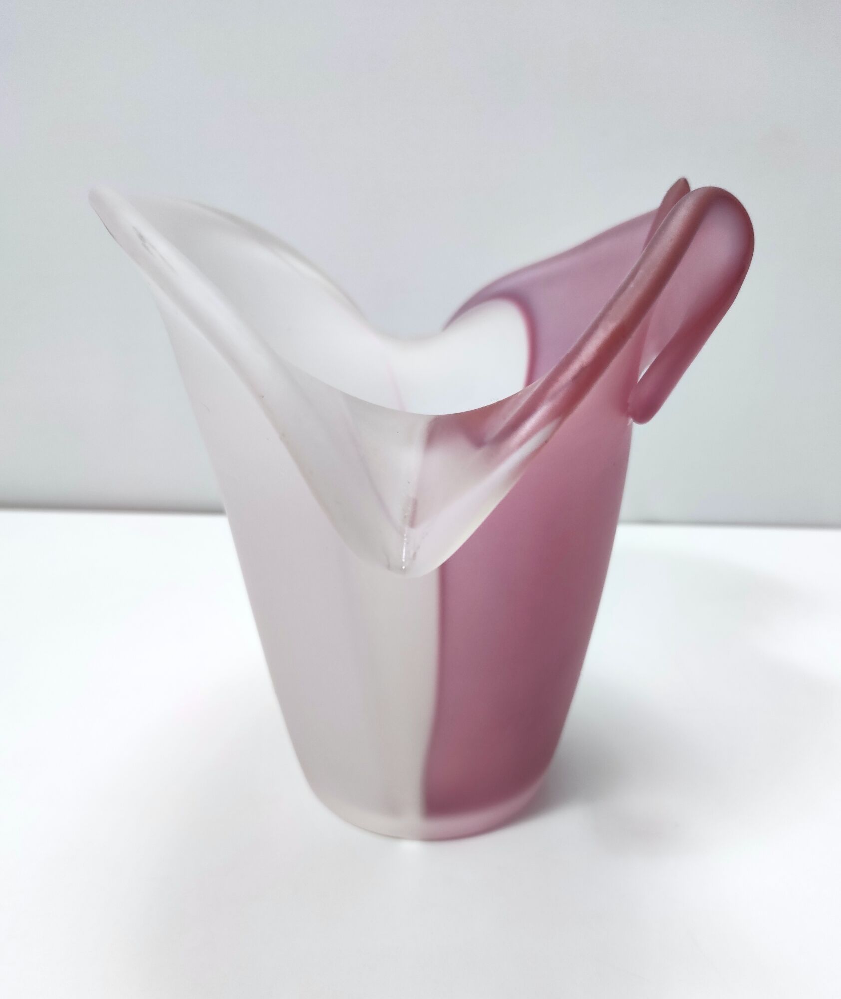 Stunning Double Color White and Pink Etched Murano Glass Vase, Italy, 1980s