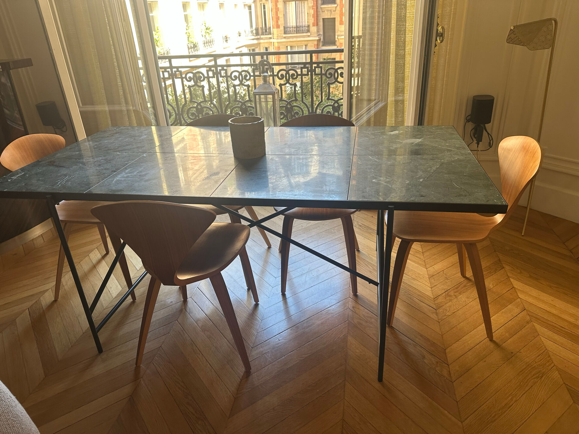 Non-extensible marble green dining table + 6 chairs