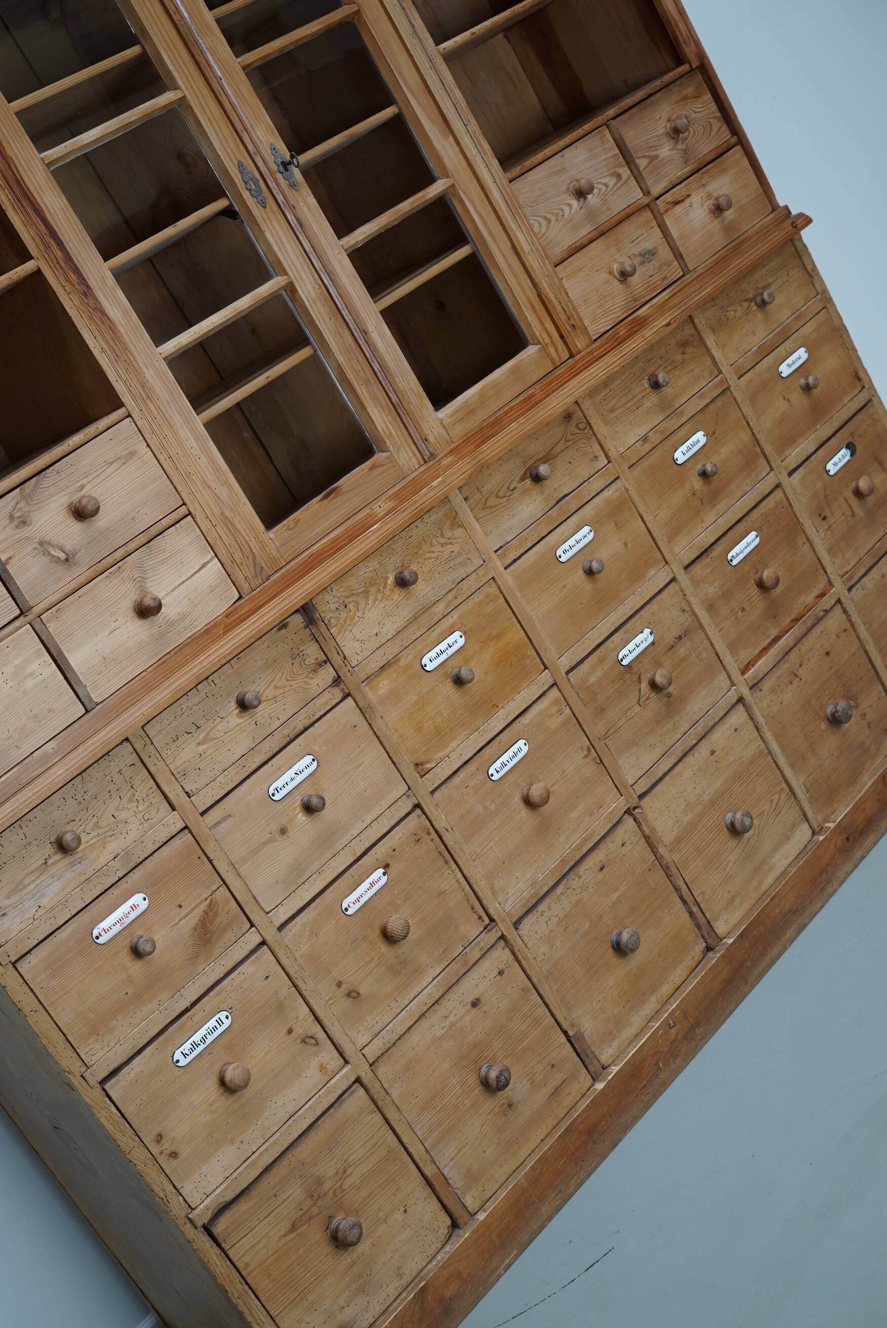 Large antique German pine apothecary cabinet / vitrine early 20th century