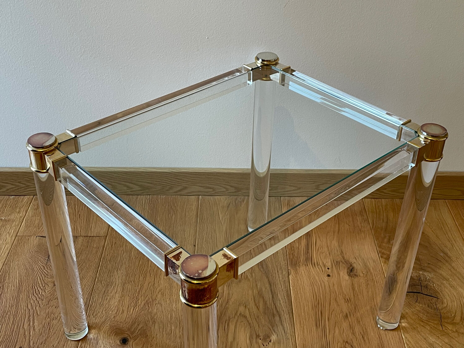 Bedside table, end table in plexiglass and glass, 1970