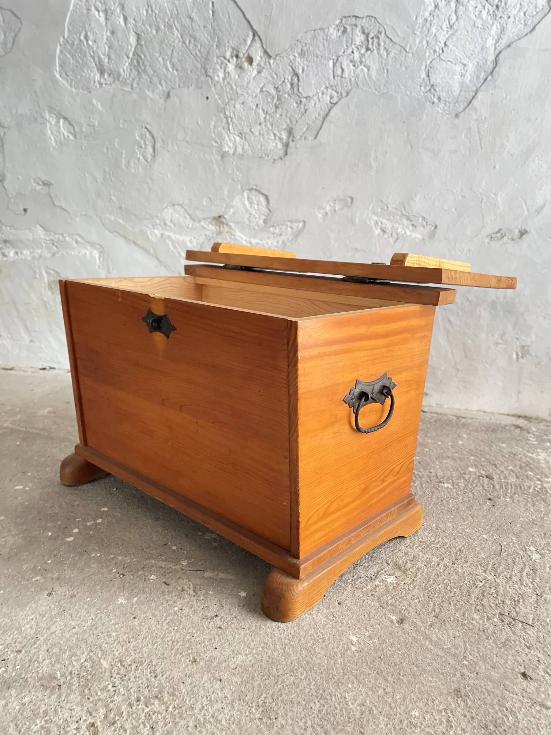 Swiss solid pine chest with wrought iron fittings, mid-20th century.