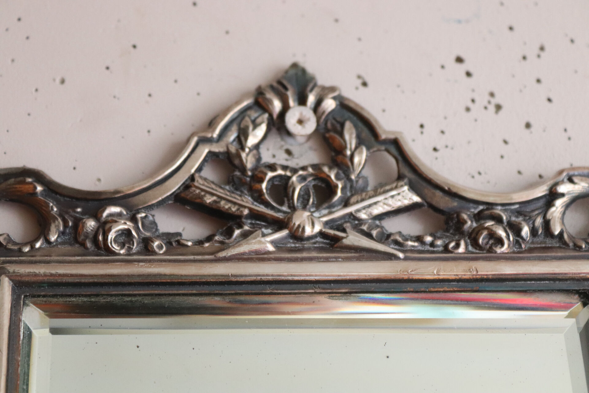 Small antique table mirror in Louis XVI style, silver-plated metal.