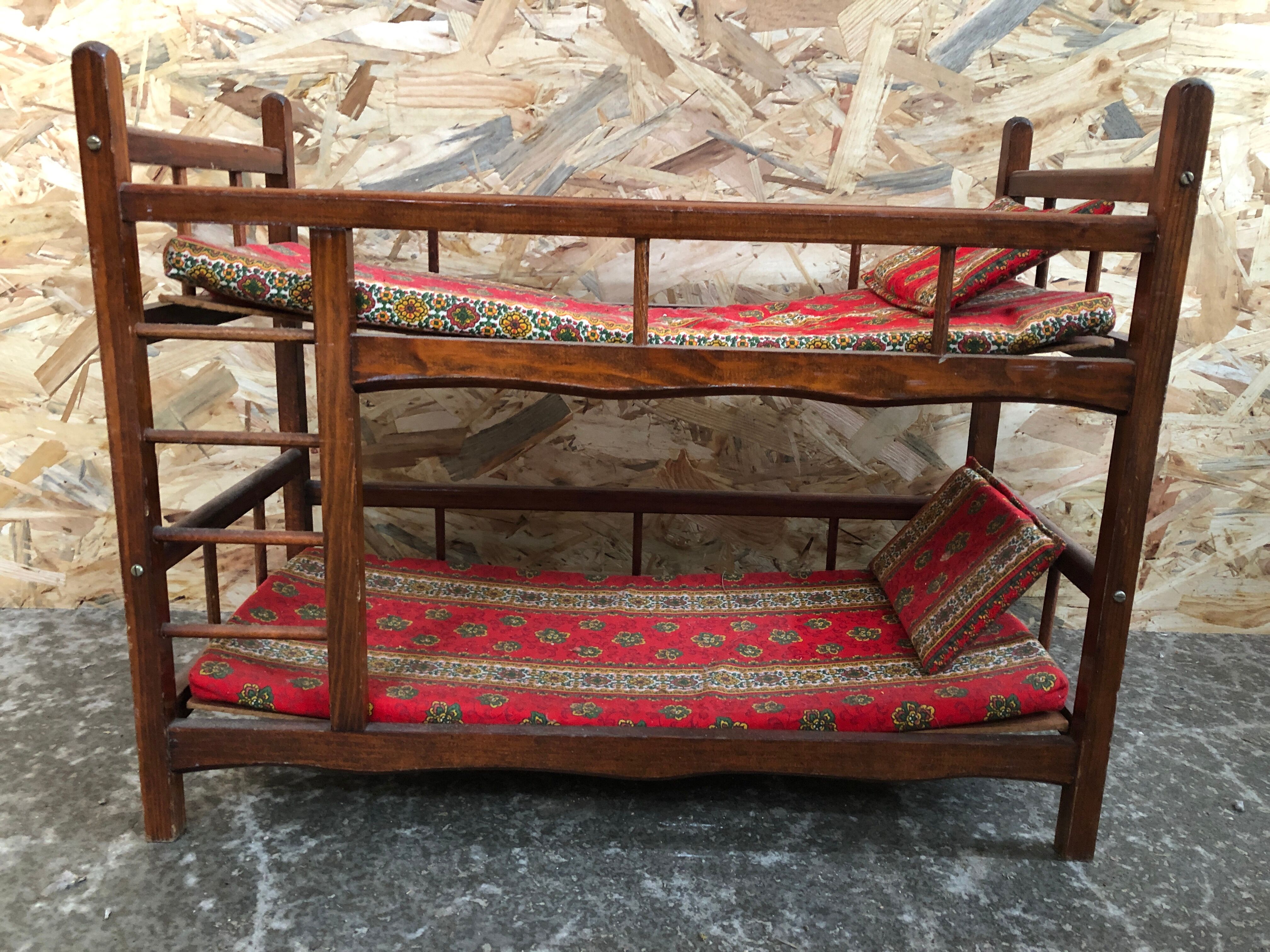 Old bunk bed doll wood + mattresses & cushions vintage fabric