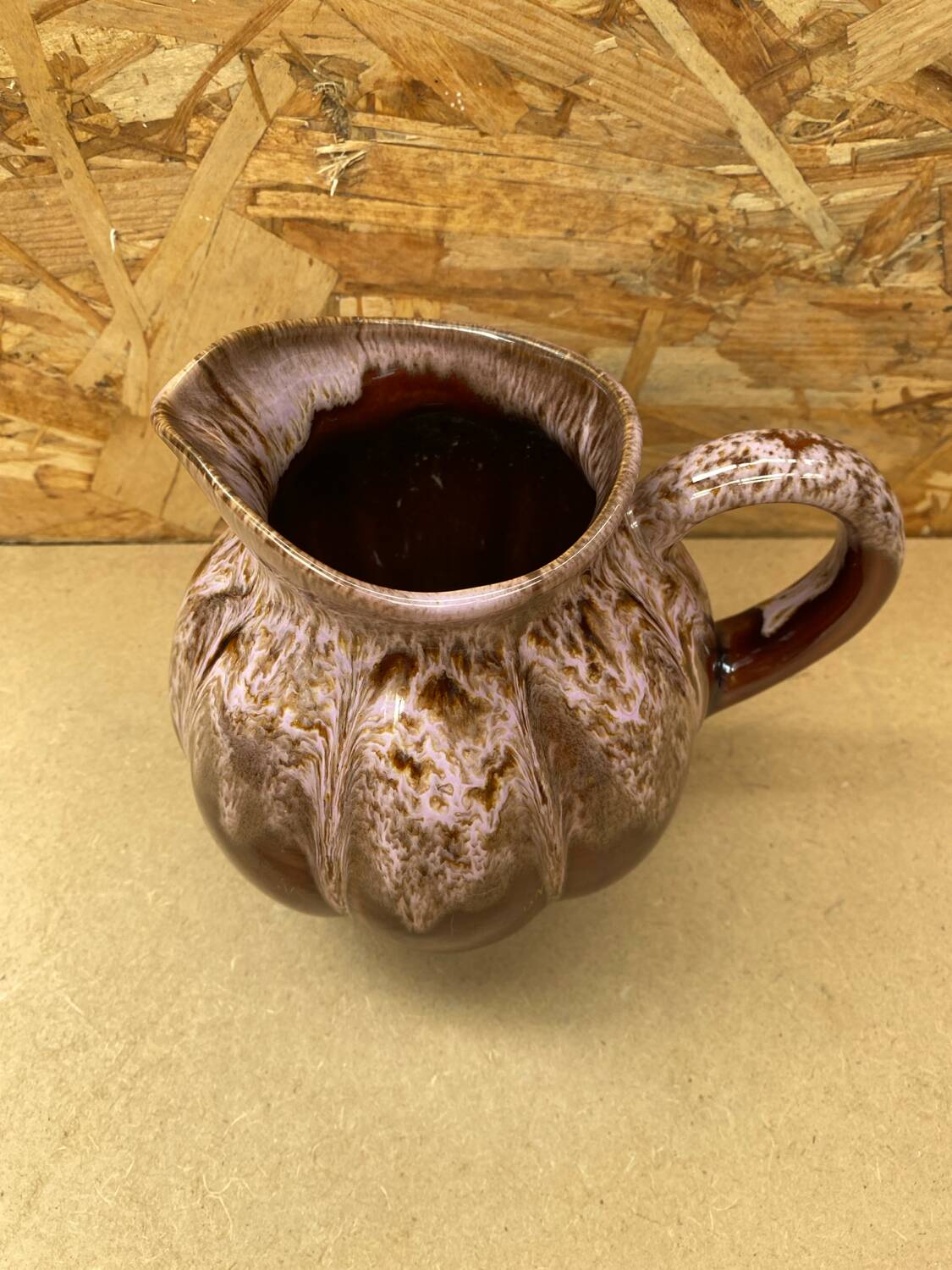 Antique melon pitcher flamed ceramic brown & pink vintage