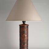 Mid-Century Modern Aztec Motif Hand Tooled Leather Table Lamp