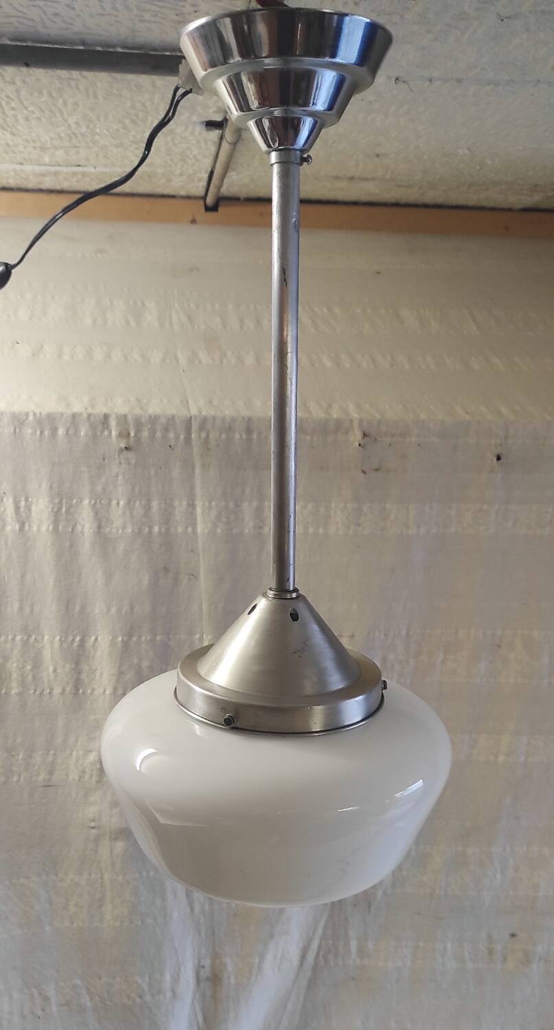 Metal Bauhaus suspension with opaline globe - mid 20th century.