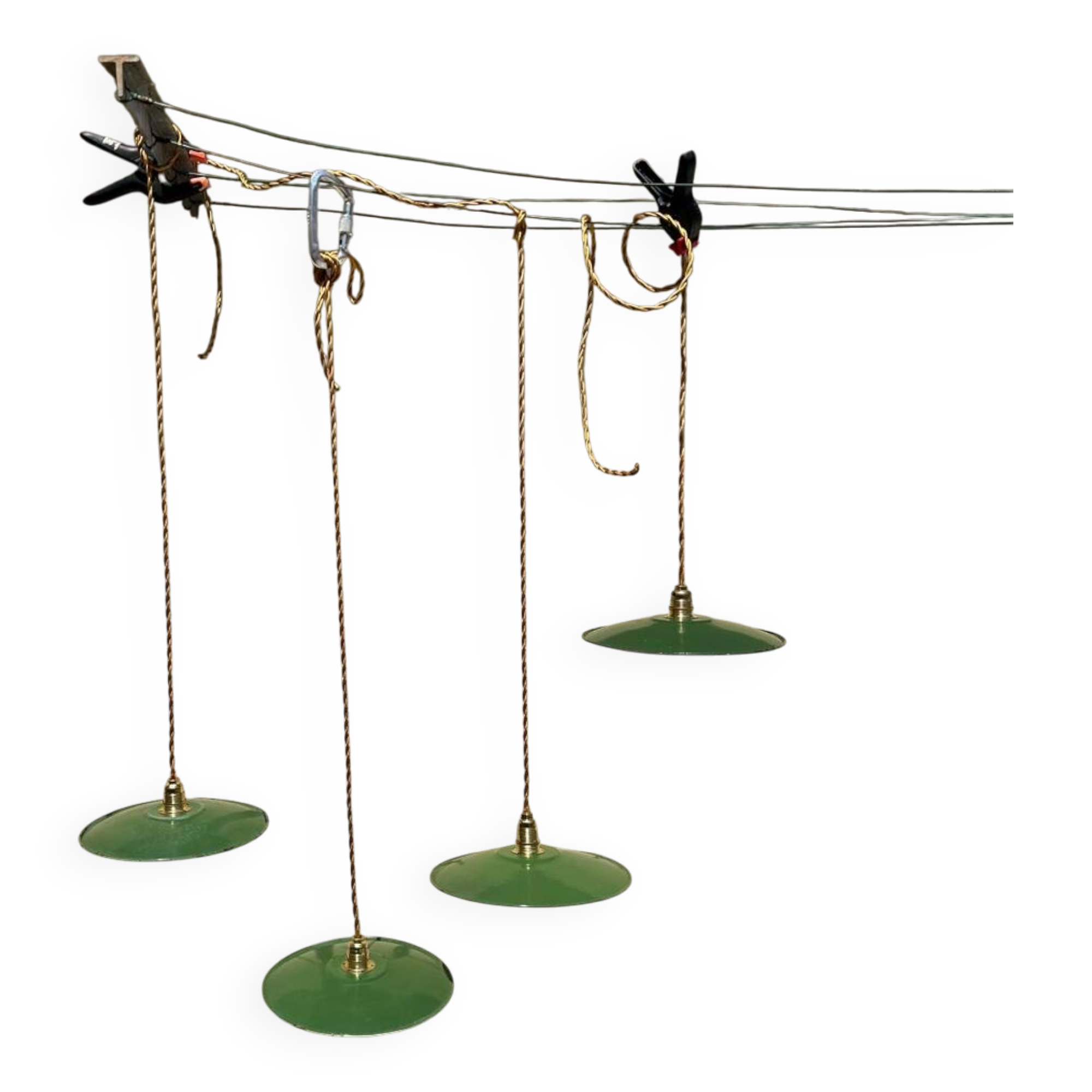 Set of 4 vintage pendant lights with enamelled sheet metal lampshades – Industrial Farmhouse