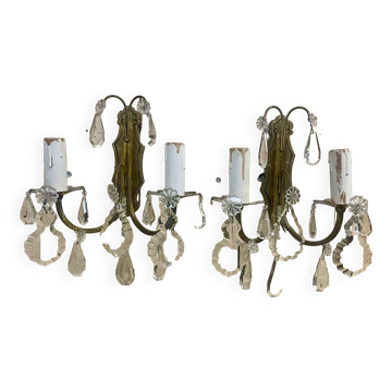 Paire d'appliques en bronze et pampilles du début XXème