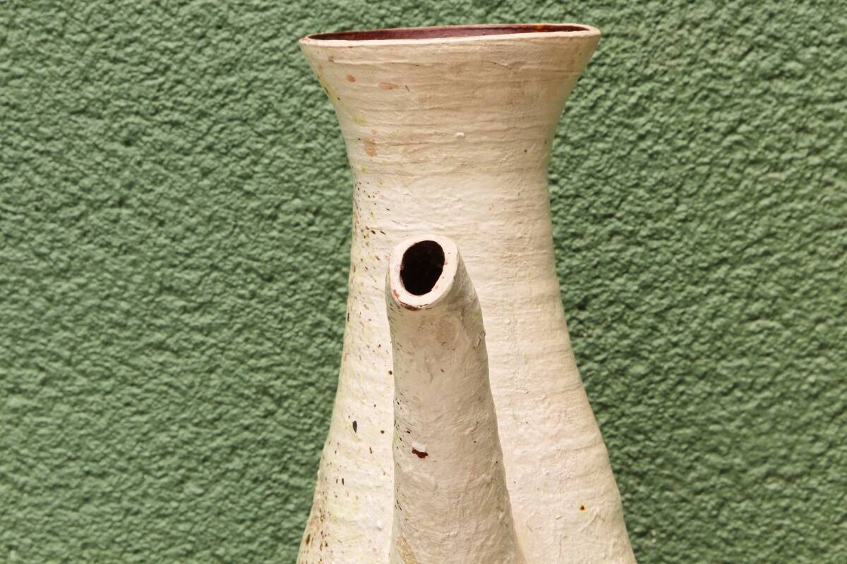 Vessel, jug, signed, 1950s, red terracotta, cream slip.