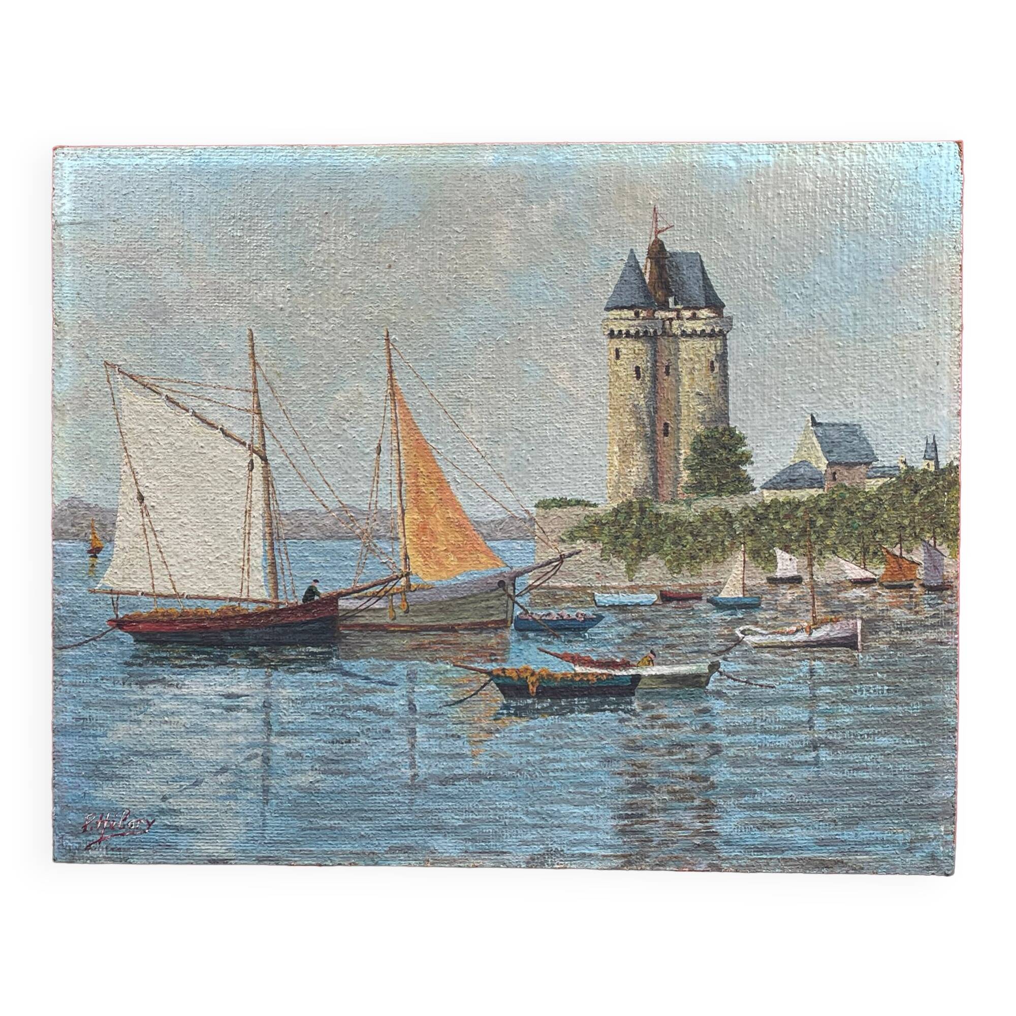 P. Helary oil on panel the Solidor tower, Saint-Servan, Saint-Malo