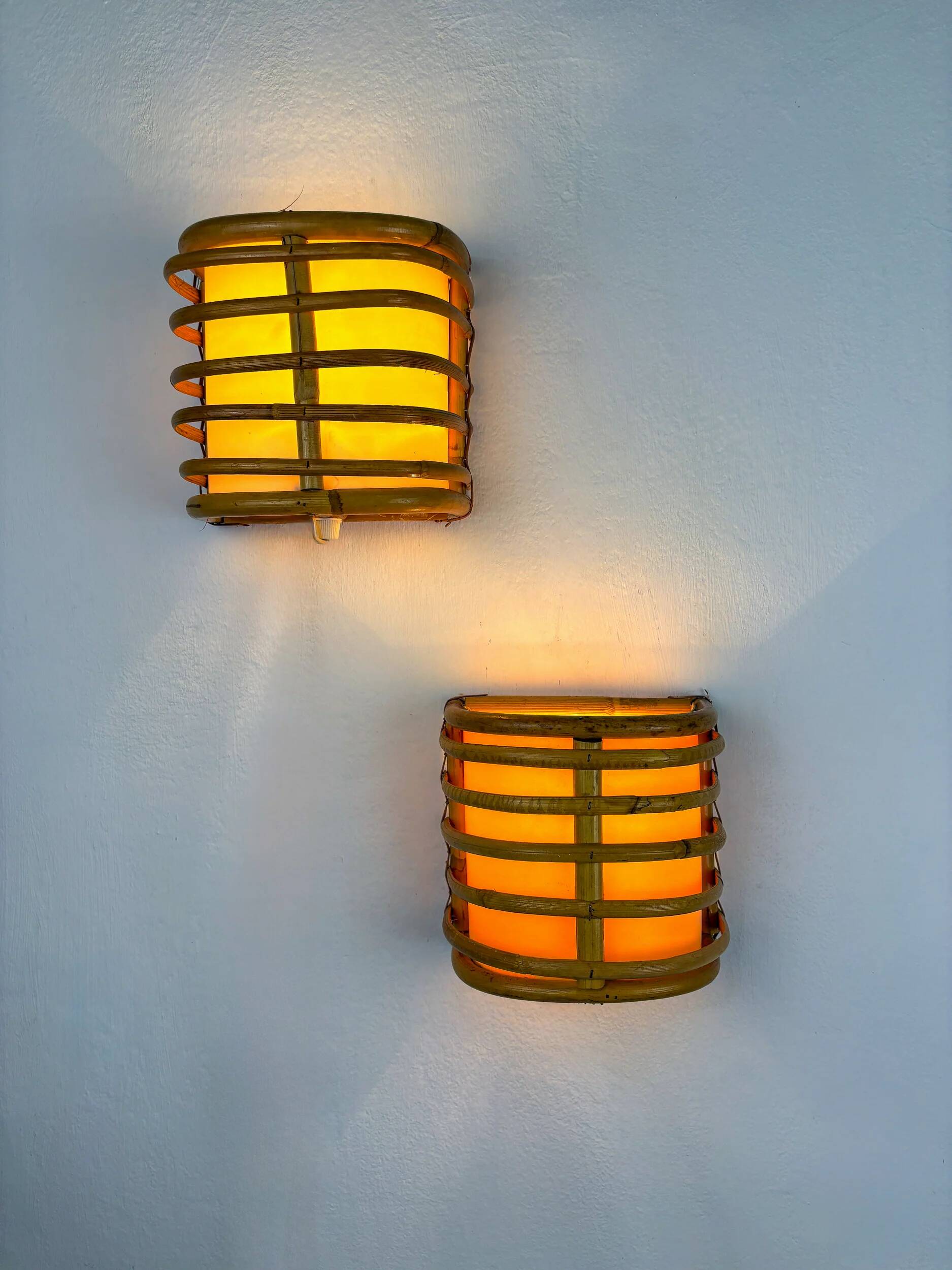 Pair of mid-century rattan wall sconces, 1960s, Italy