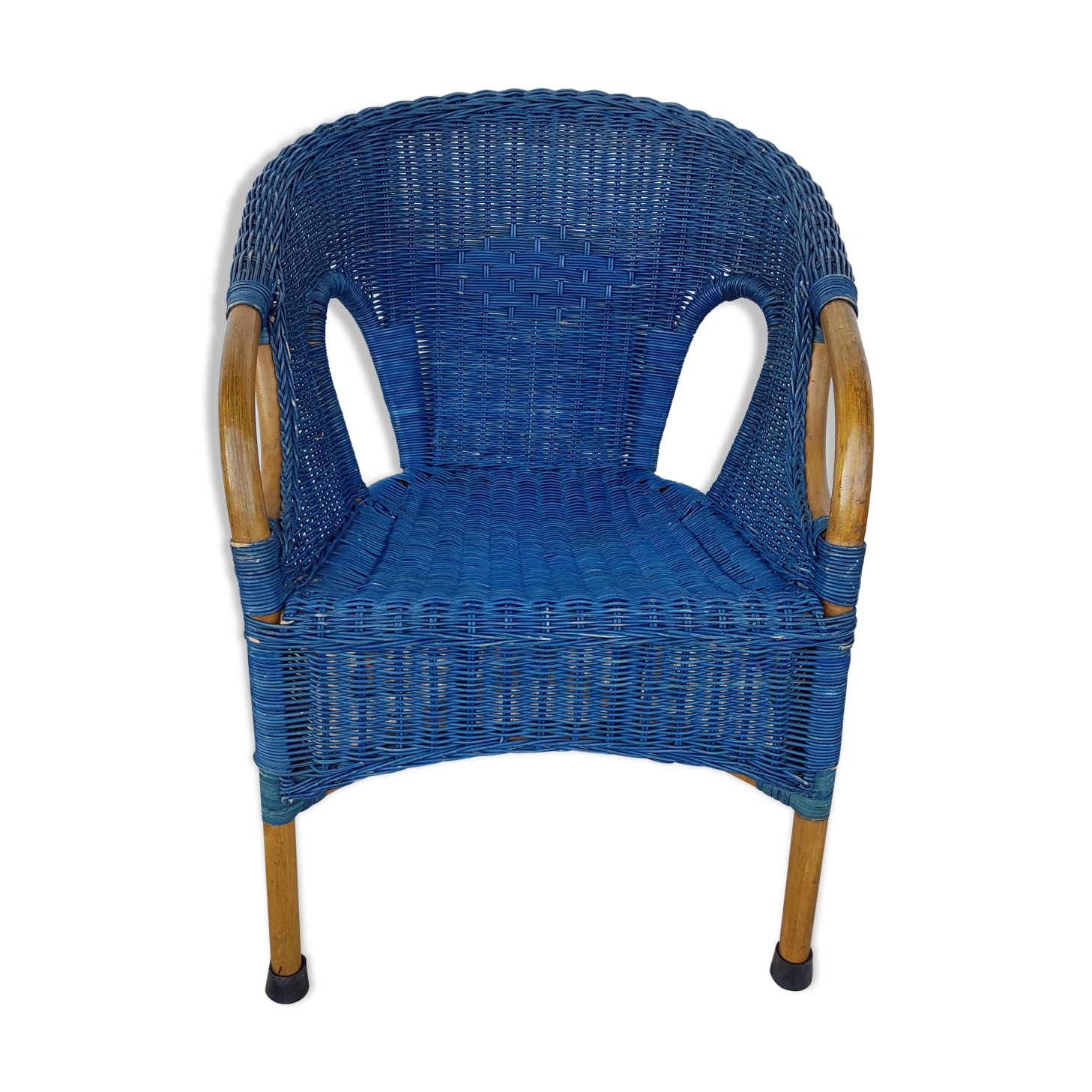 Antique wicker, bamboo and blue rattan armchair, 50's 60's
