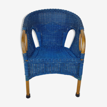 Antique wicker, bamboo and blue rattan armchair, 50's 60's