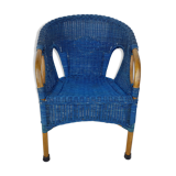 Antique wicker, bamboo and blue rattan armchair, 50's 60's