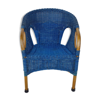 Fauteuil ancien en osier, bambou et rotin bleu, années 50 60