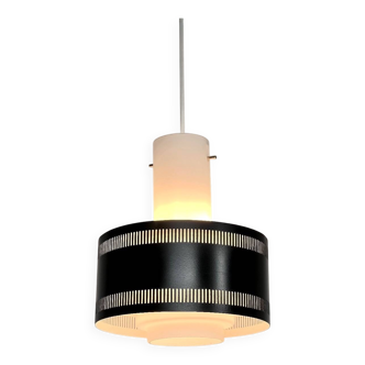 Scandinavian opaline and lacquered metal pendant light from the 50s.