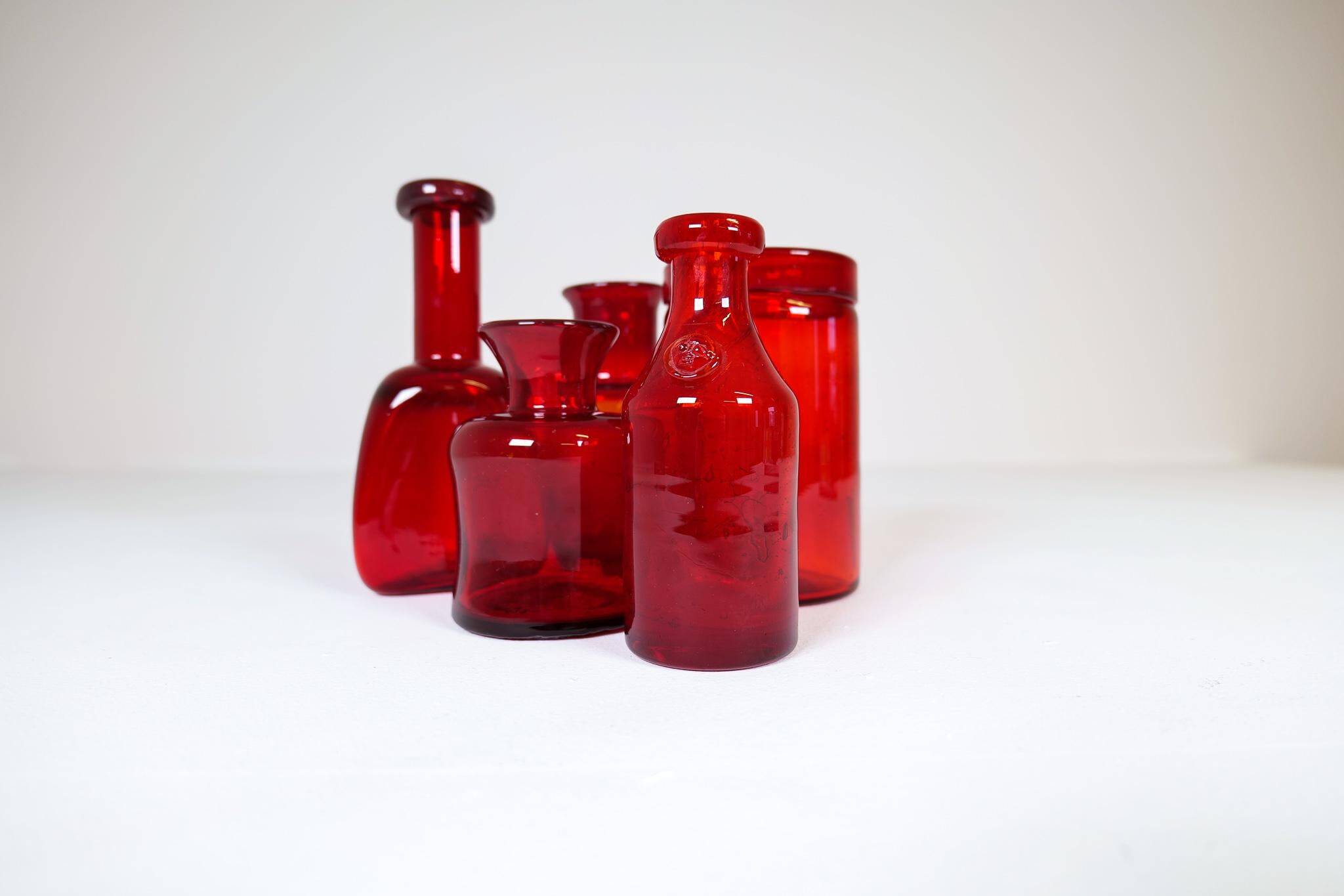 Collection of five rare red vases by Erik Hoglund, Sweden, 1960s.