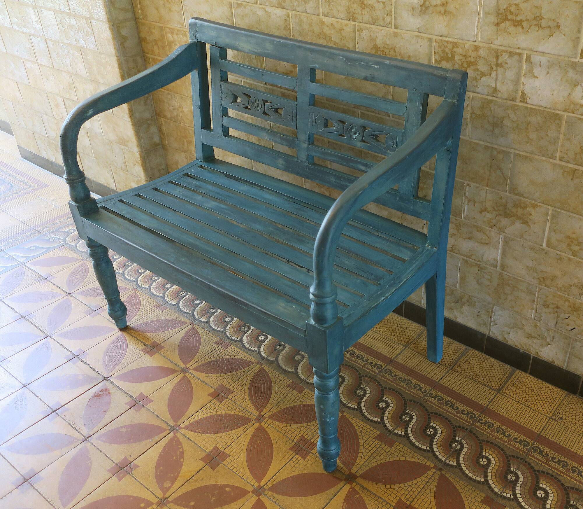 Mid century distressed painted garden bench