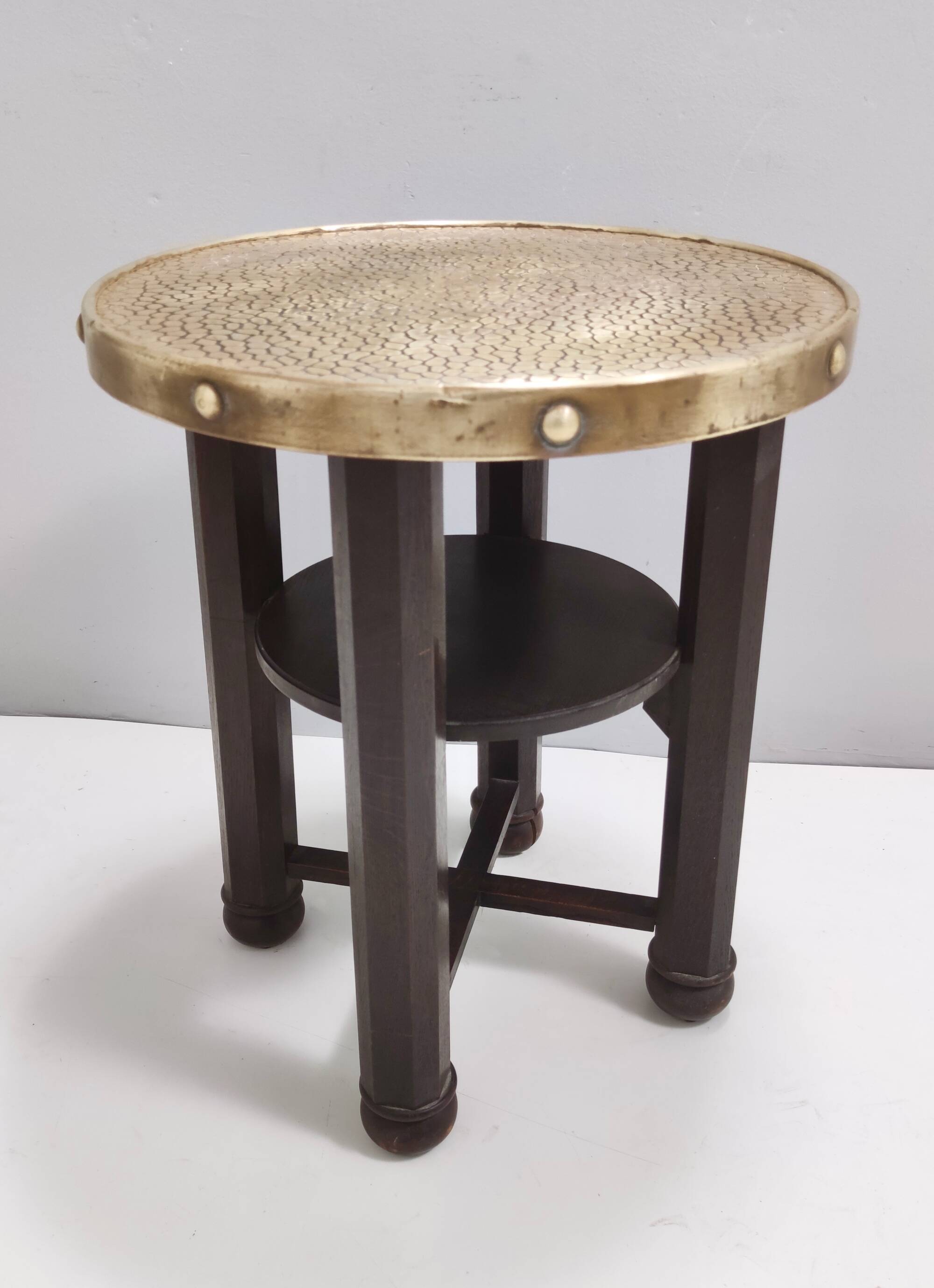 Secessionist Durmast Coffee Table with a Shelf and a Round Brass Top, Austria