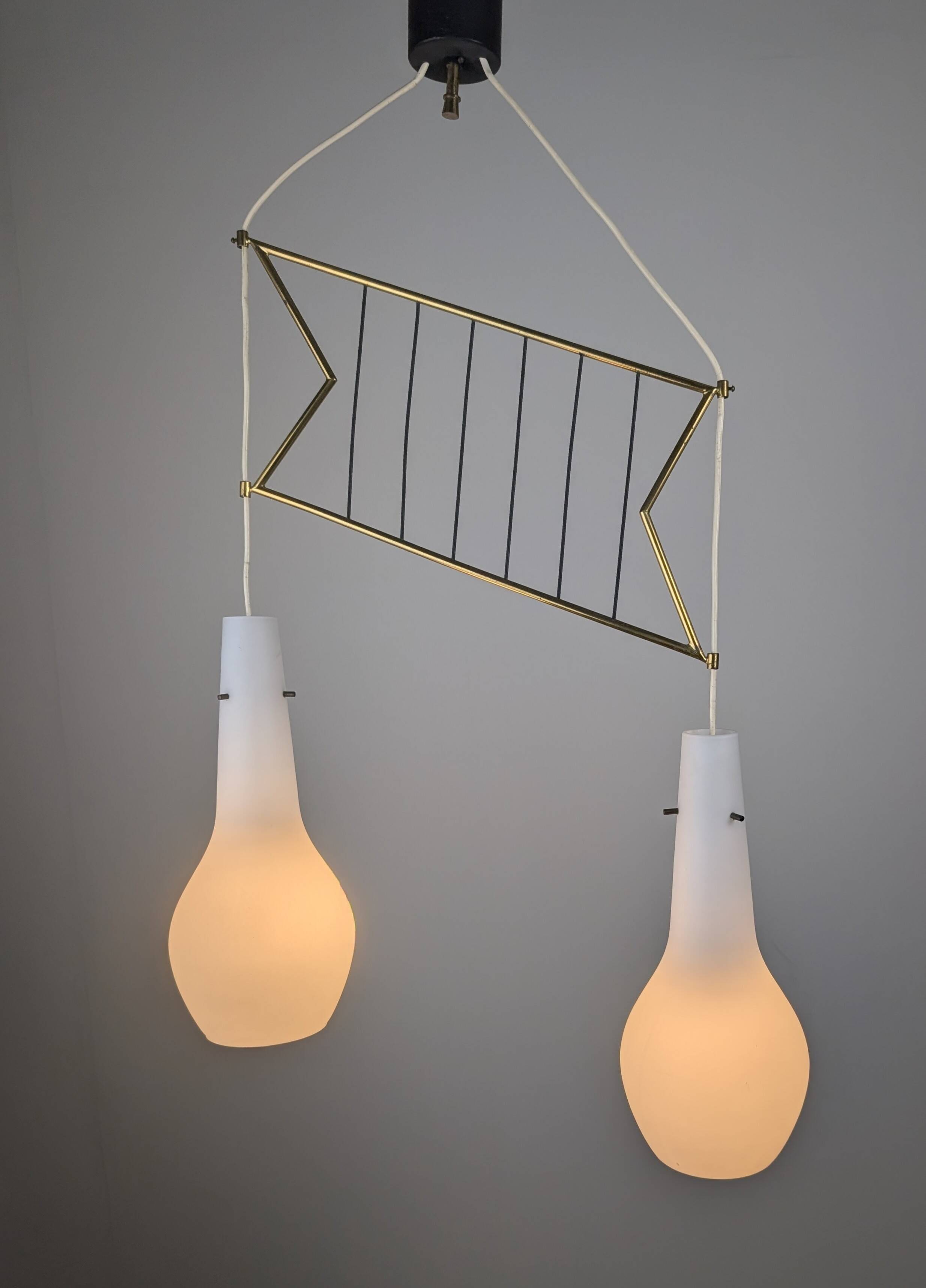 Italian Pendant Lamp with Opaline Shades & Brass, Stilnovo Style, 1950s