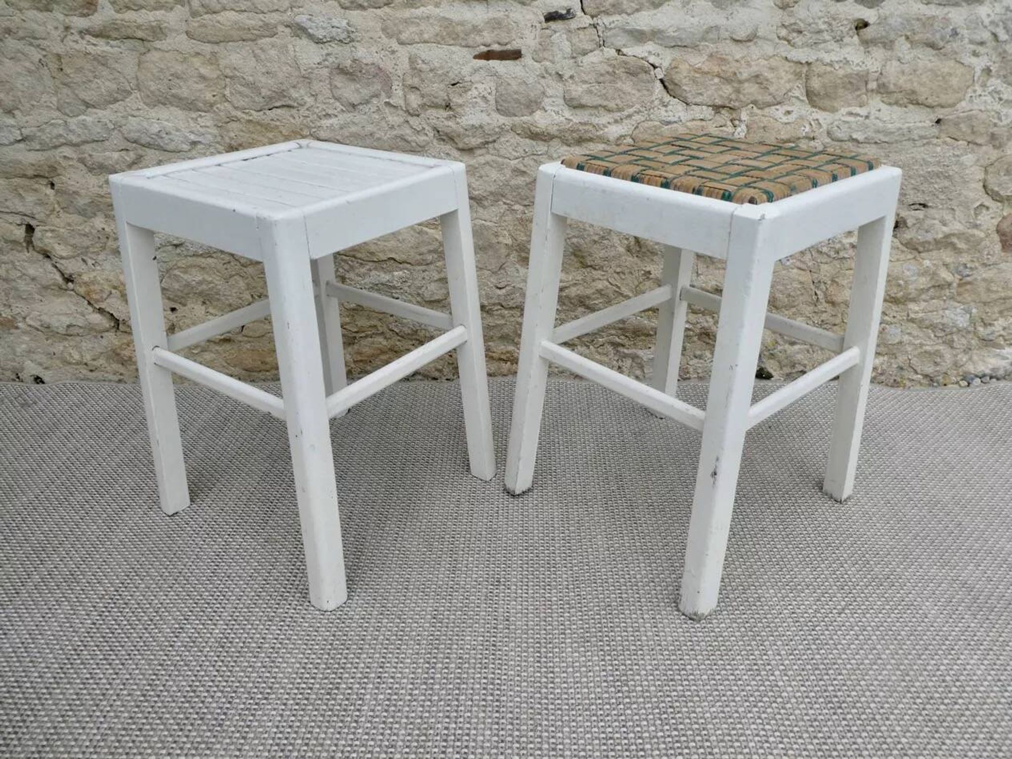 Pair of wooden stools, white patina, circa 1950