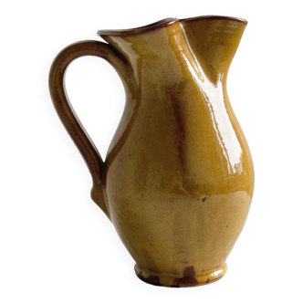 Vintage enameled ceramic pitcher - Retro mustard yellow jar.