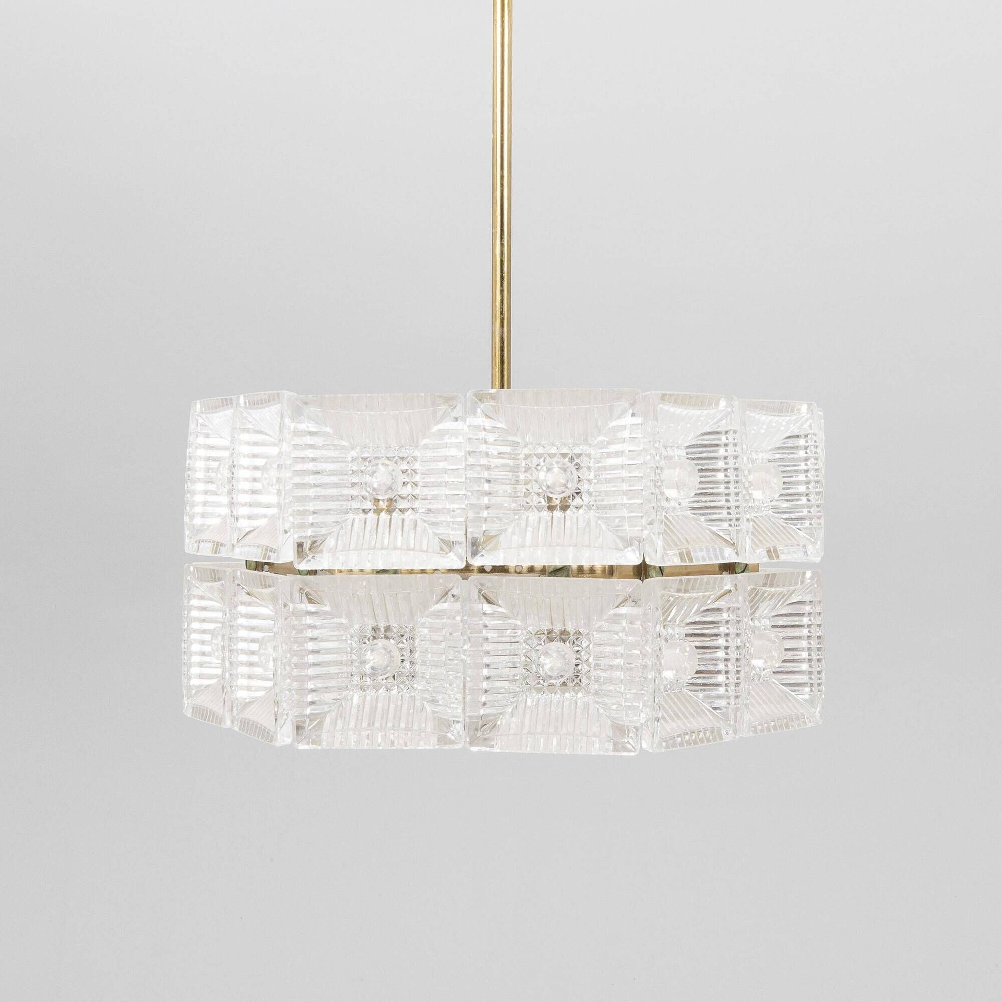 Crystal and brass pendant lamp by Carl Fagerlund for Orrefors, Sweden, 1960.