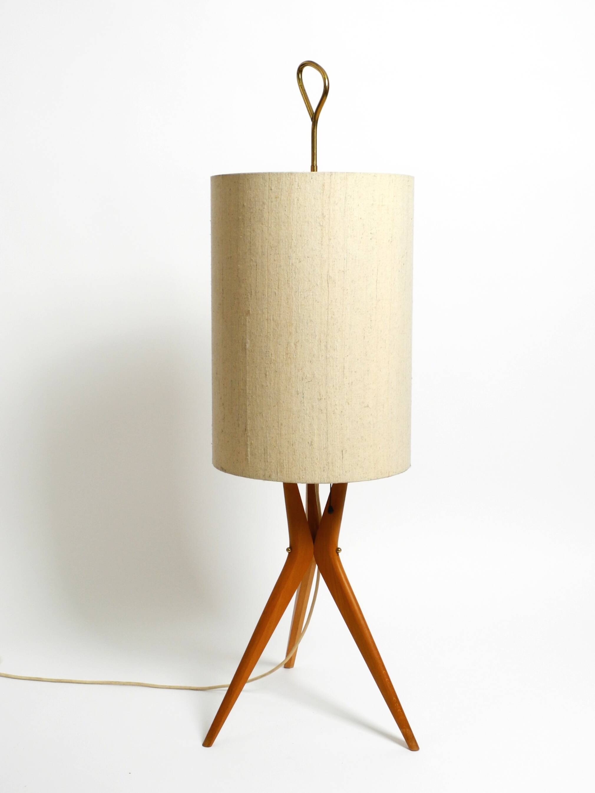 Mid Century Modern tripod walnut wood floor lamp with large fabric shade