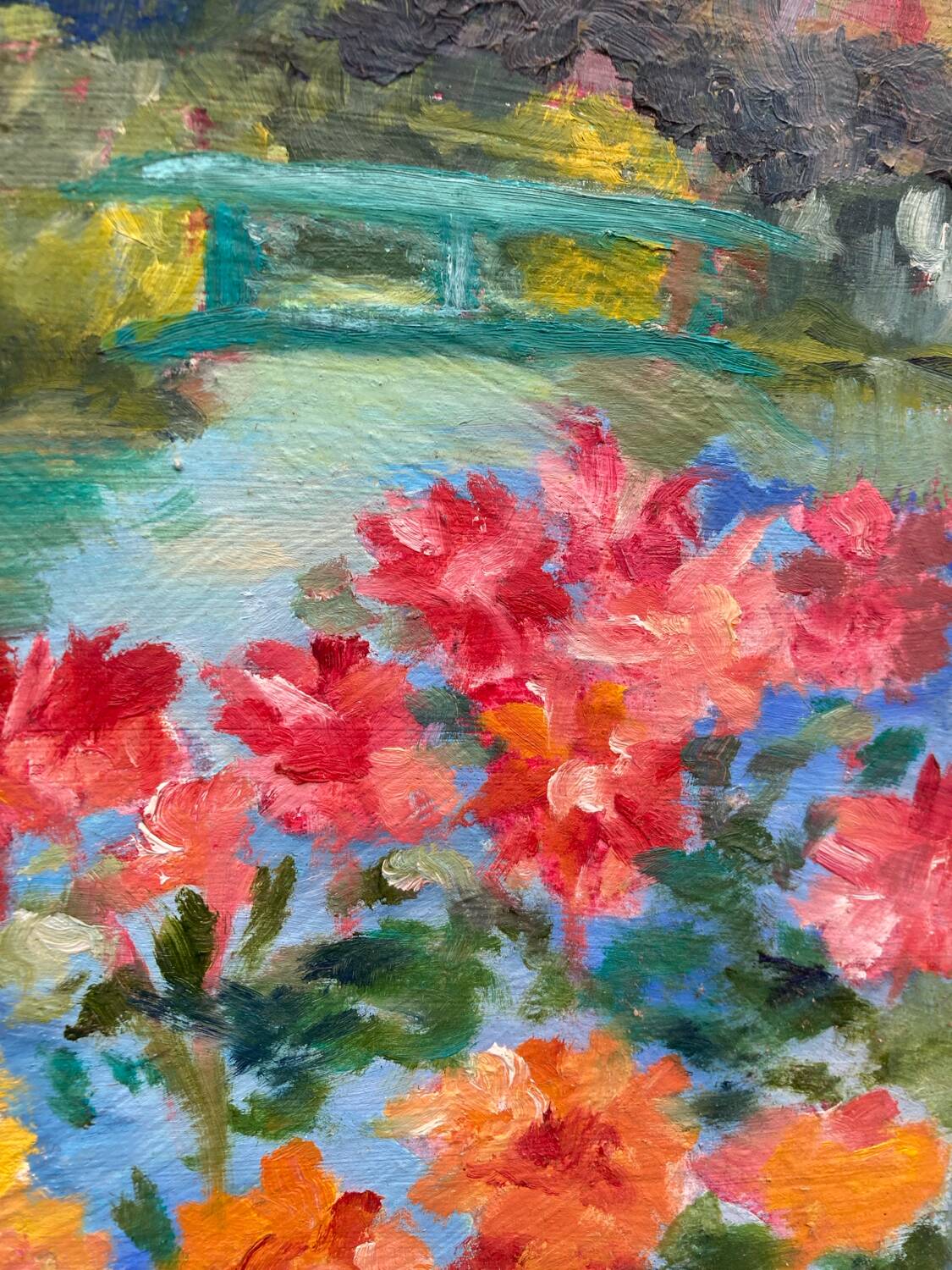 Old oil painting / landscape painting and flowers