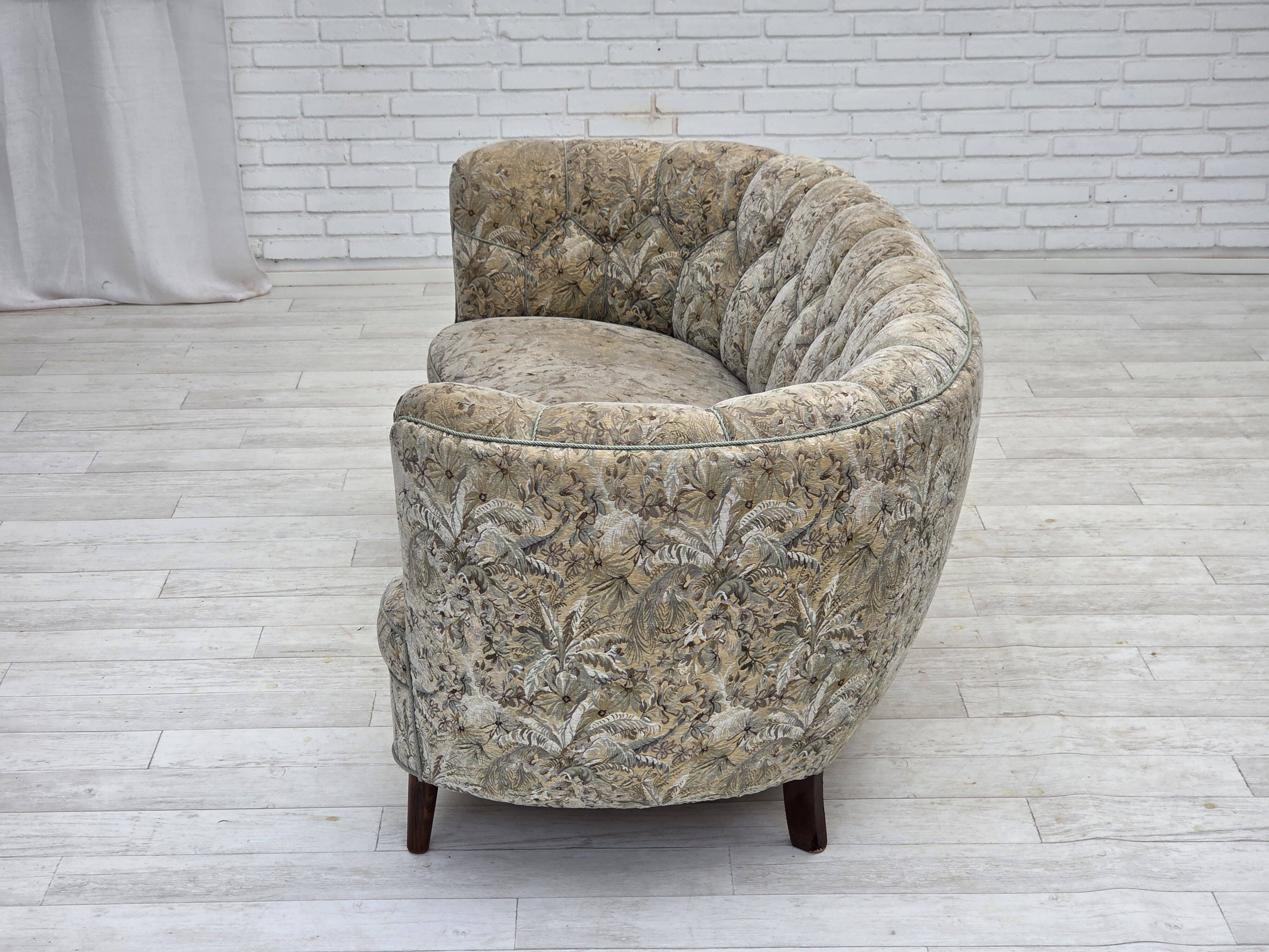 1970s, Danish 3 seater curved sofa, original multicolor furniture fabric.