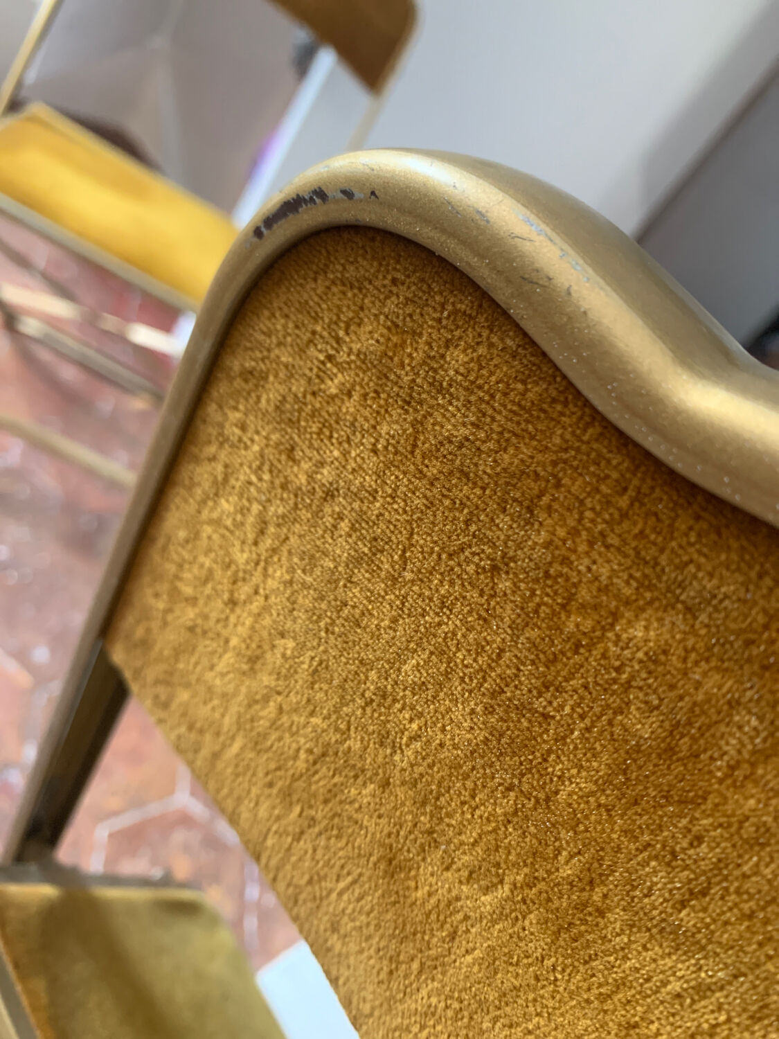 Folding chaisor chairs, gold structure and vintage golden yellow velvet