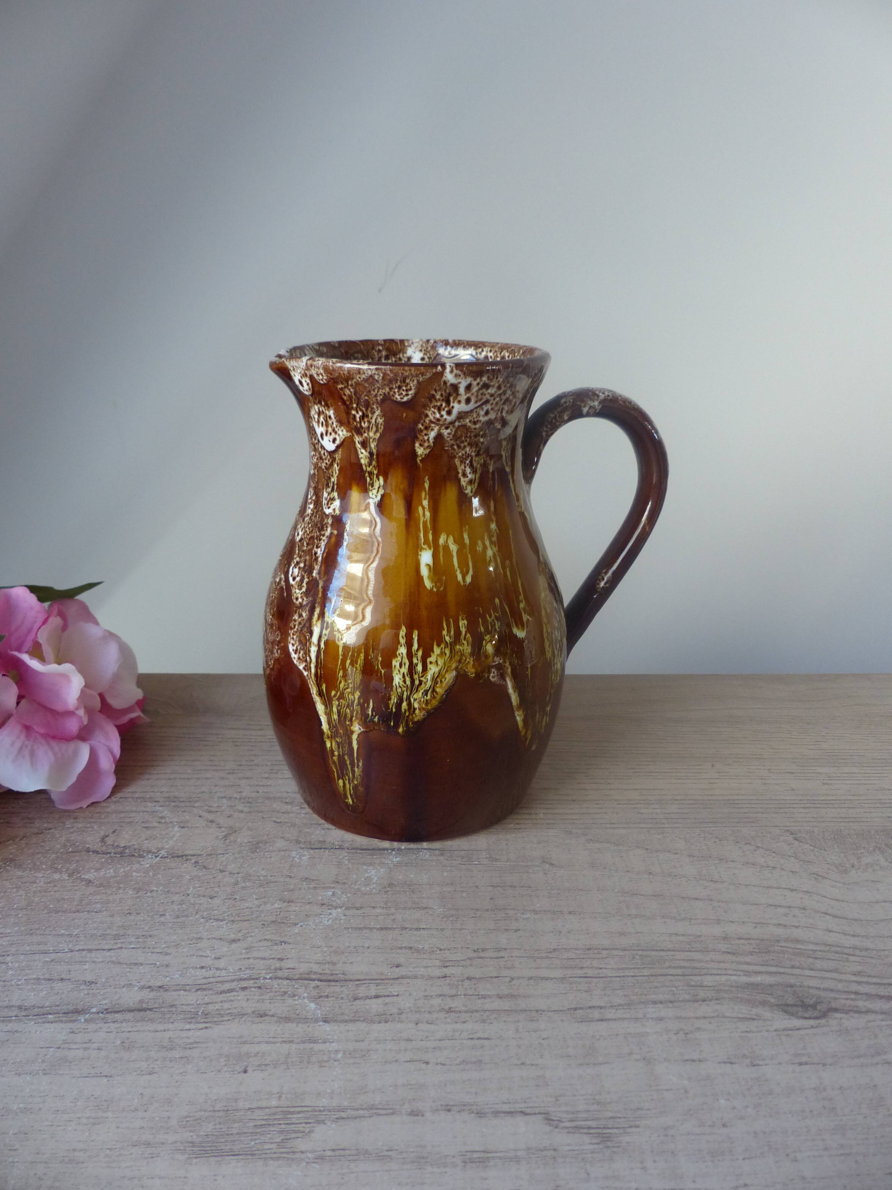 Old brown ceramic water jug pitcher, rustic country house pitcher 1970s