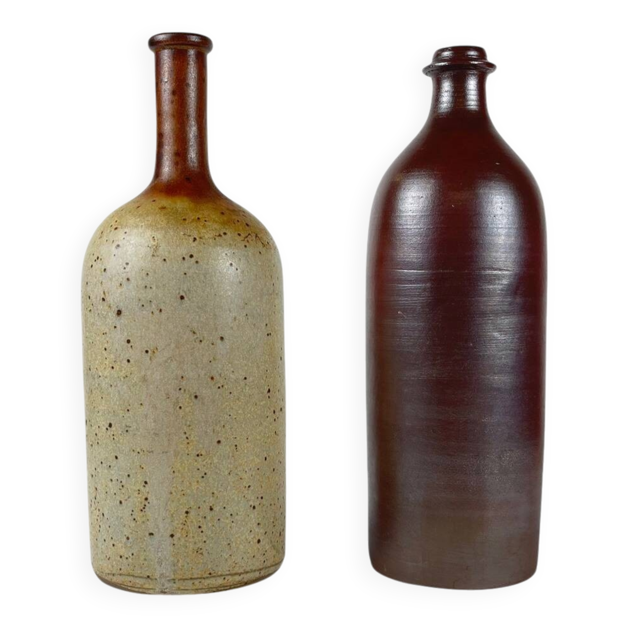 Duo of speckled stoneware and burgundy bottles, 20th century