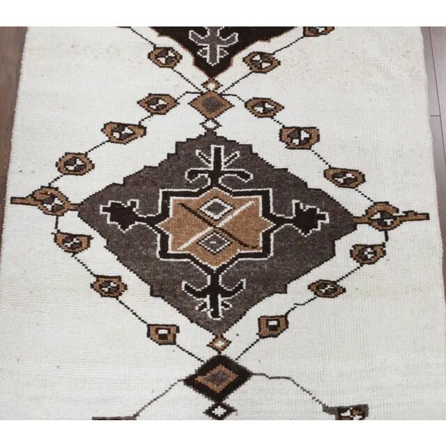 Tapis de couloir turc Oushak vintage fait main en laine et coton blanc