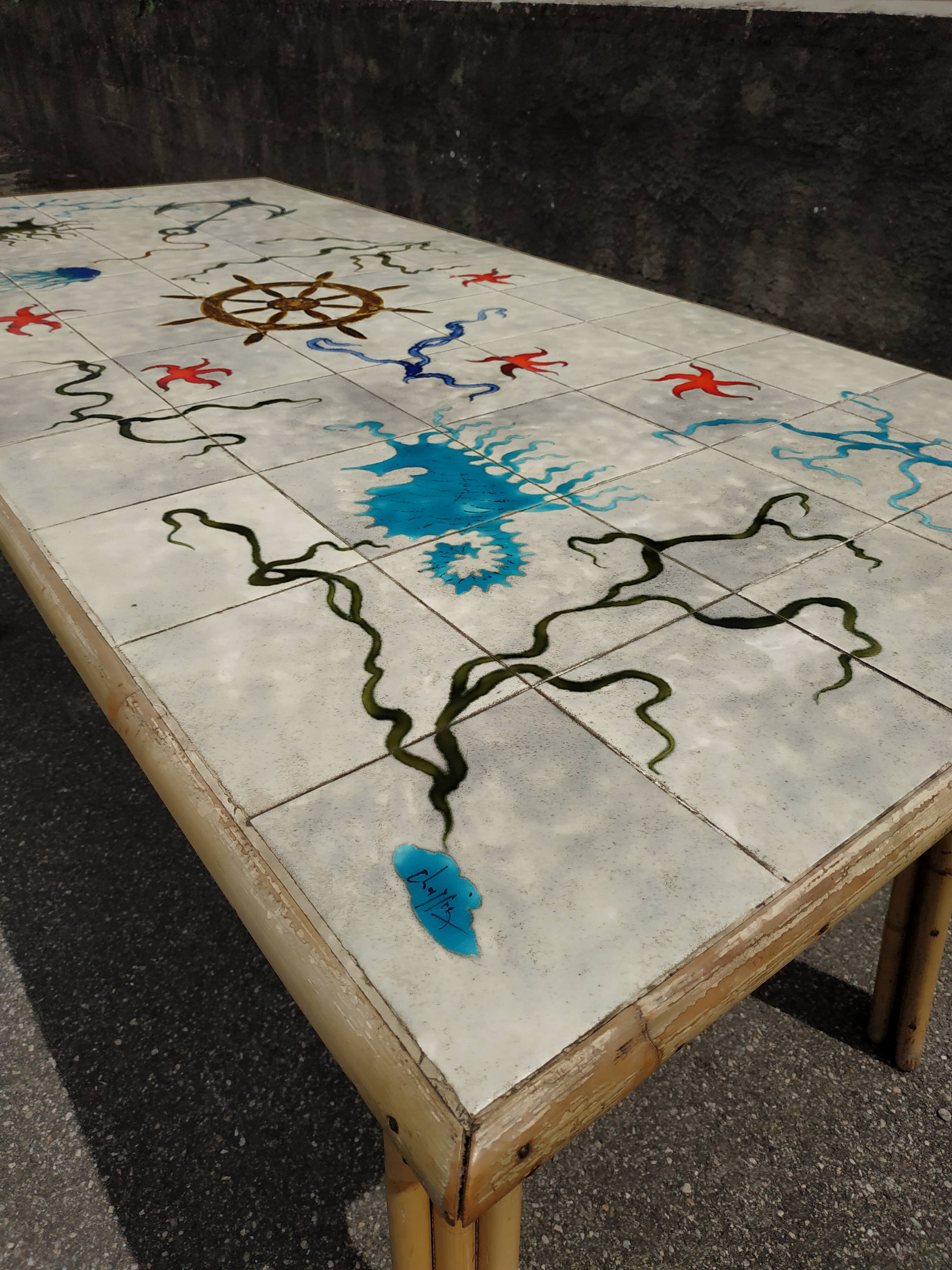 Vintage table in rattan Audoux and Minnet and ceramics Chassin 1950