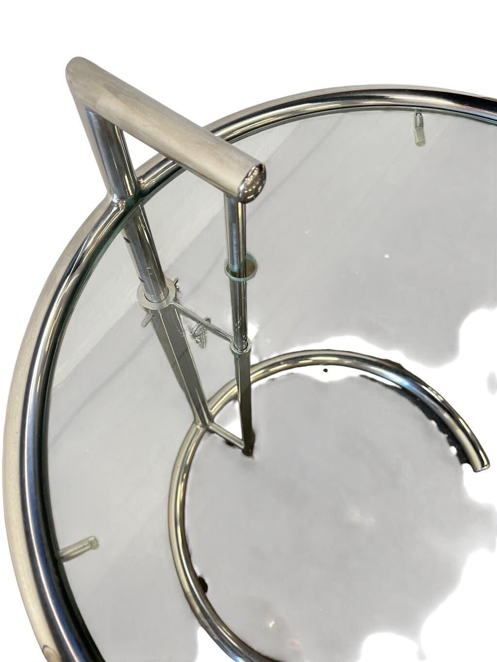 Vintage adjustable chrome side table with smoked glass.