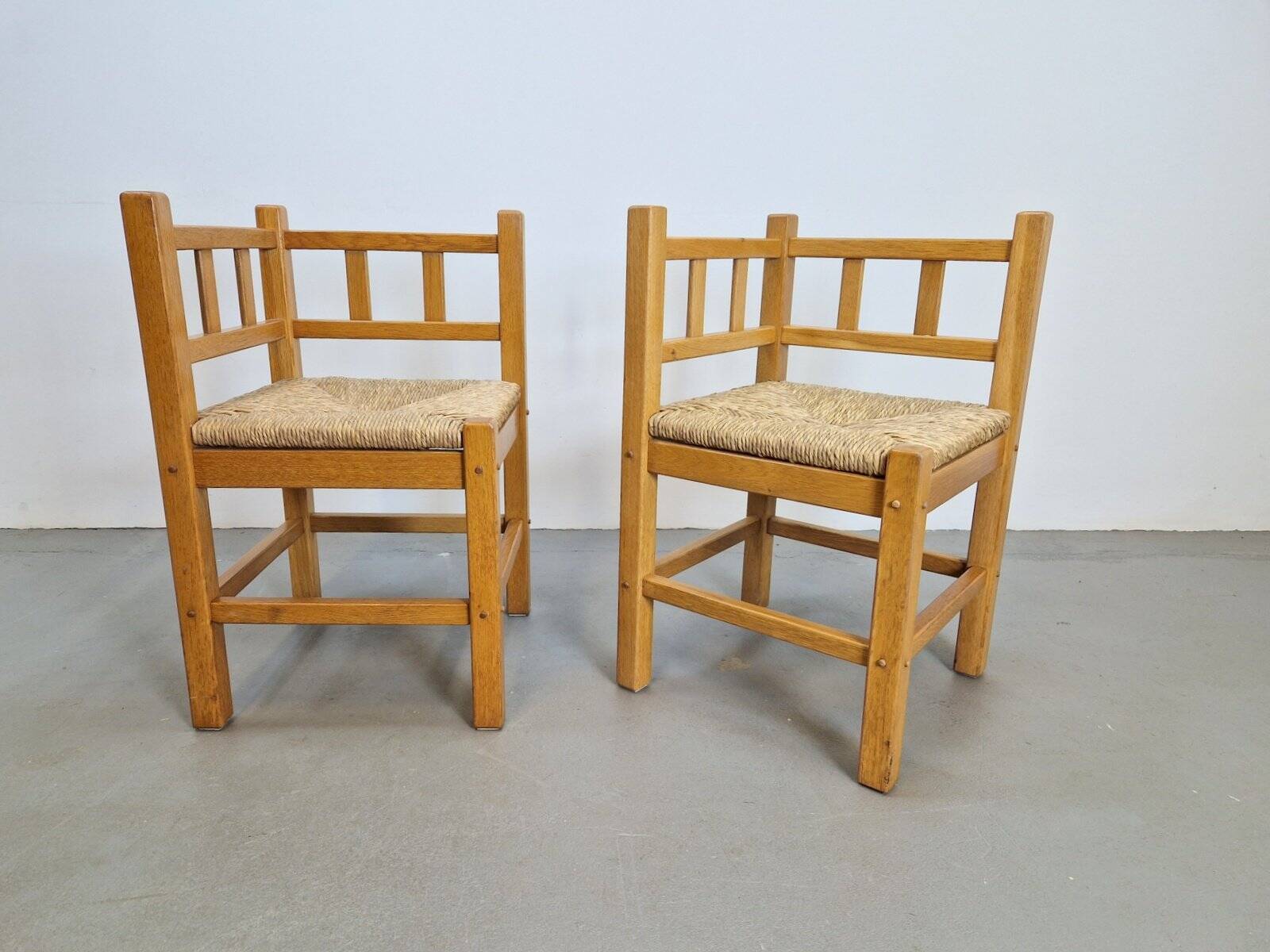 Dutch Modernist Art Deco Style Corner Chair in Oak and Rush, 1950s, Set of 2