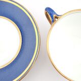 Antique Wedgwood teacup and saucer, bone china. Powder blue and gold English cup and saucer, 1900s