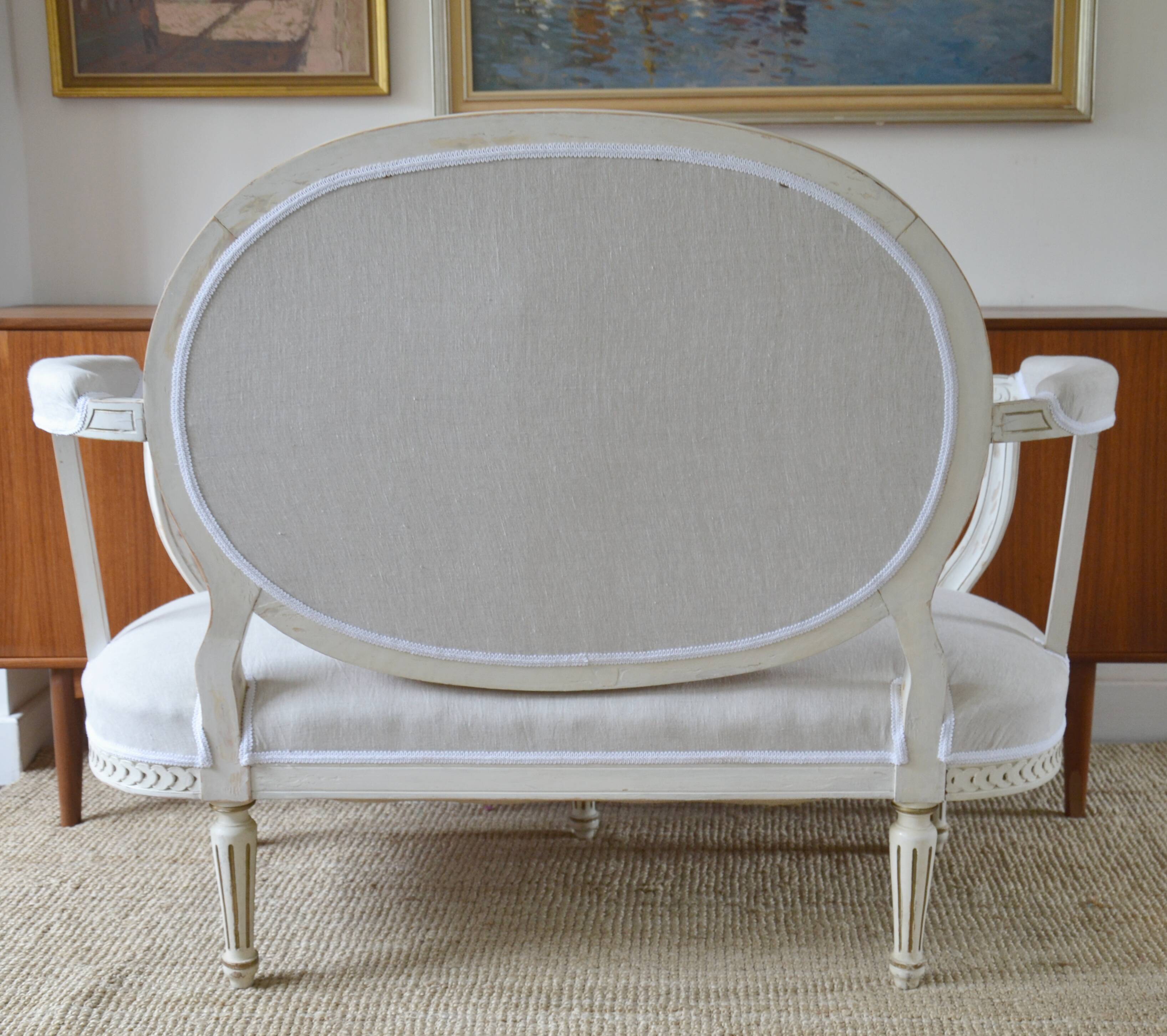 Swedish gustavian sofa white pastel and linen, 19th century