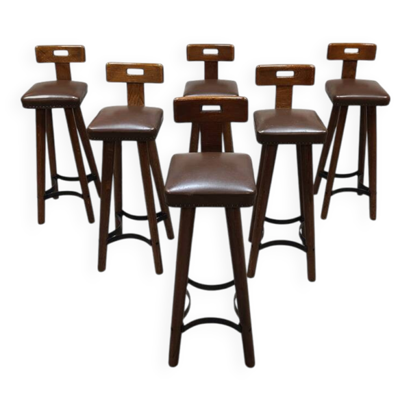 Tabourets de bar brutalistes en bois, années 70