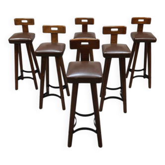 Tabourets de bar brutalistes en bois, années 70