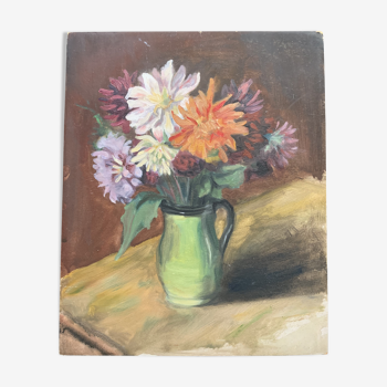 Tableau vintage , nature morte aux fleurs