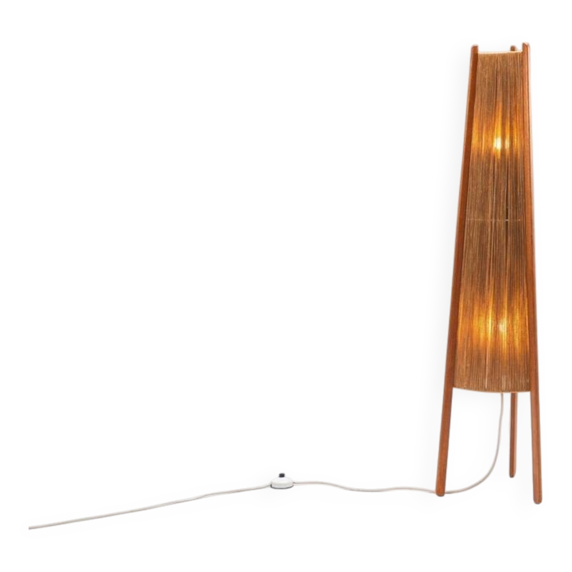 Temde tripod floor lamp in sisal and teak, Switzerland, 1960