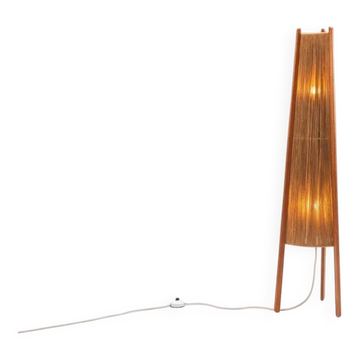 Temde tripod floor lamp in sisal and teak, Switzerland, 1960