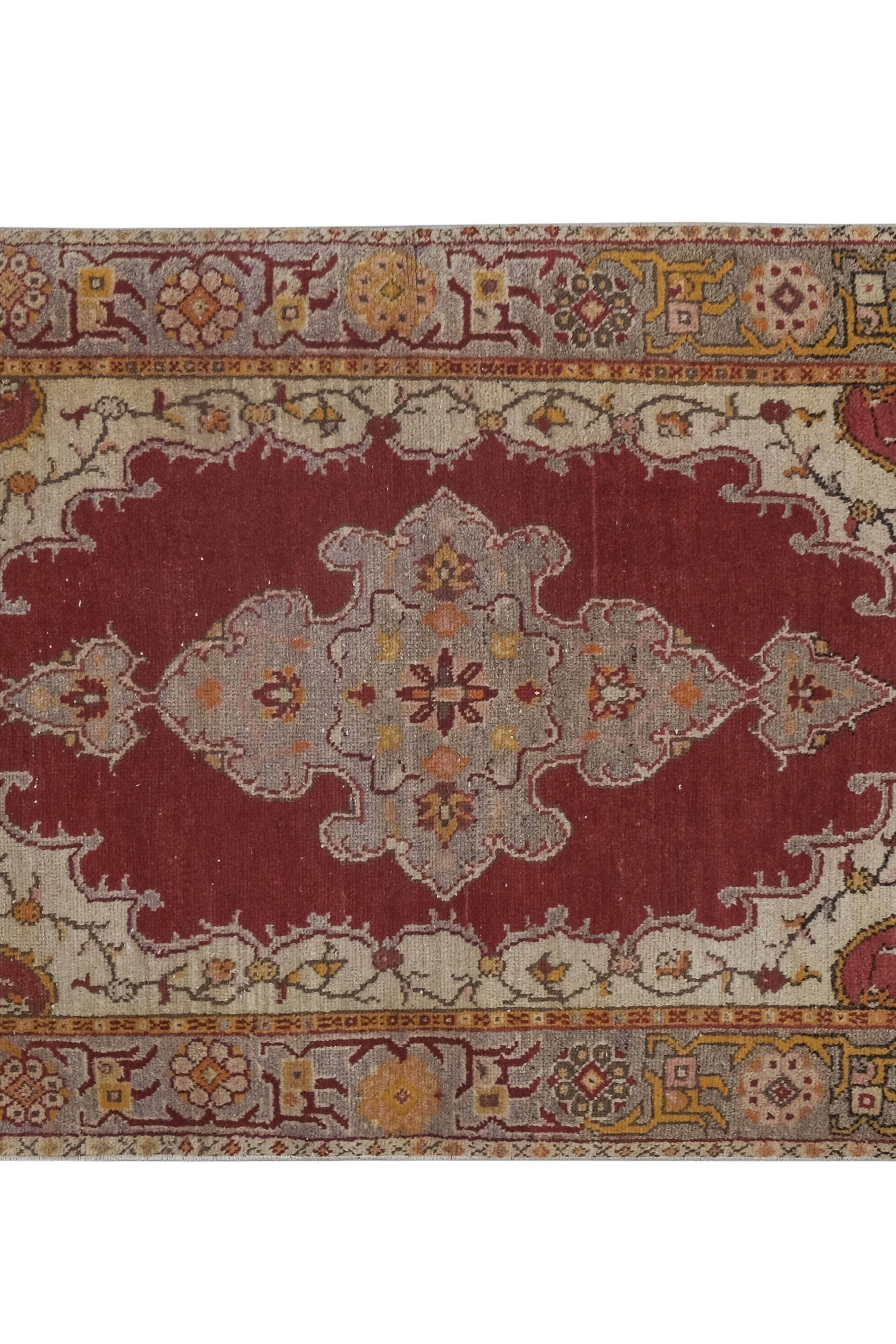 Vintage Red and Pink Turkish Oushak Rug - Kitchen Rug 3'5" X 7'4"