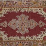 Vintage Red and Pink Turkish Oushak Rug - Kitchen Rug 3'5" X 7'4"